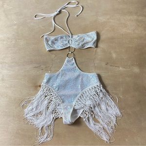 Rave Party Sequenced Fringed High Waist Tube Top White One Piece Women’s S